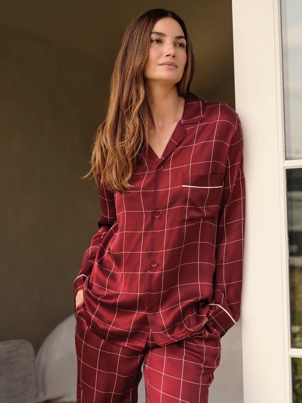 Eberjey - Lily Aldridge washable silk pajamas - Simple Plaid Merlot/Ivory